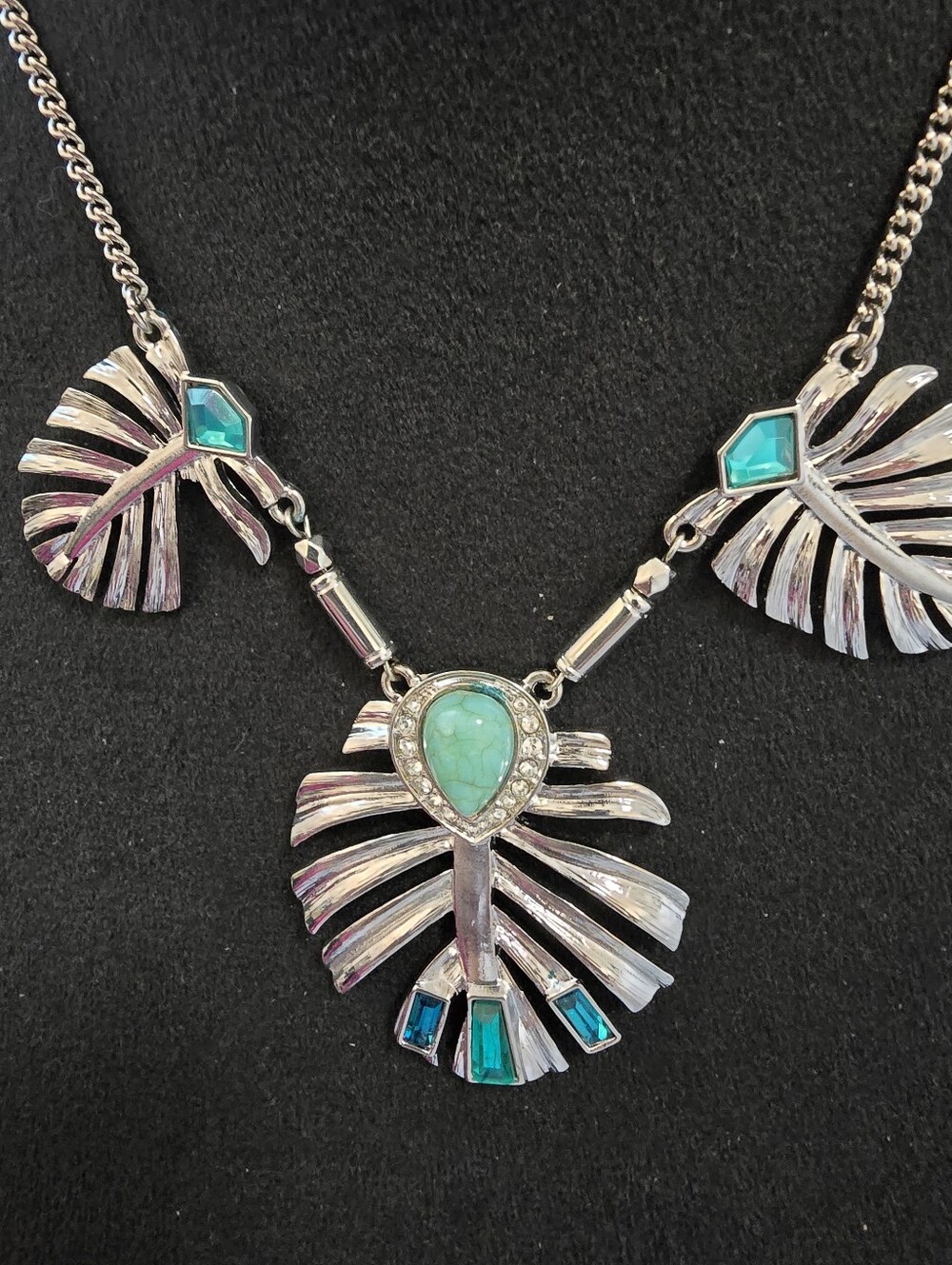 Silver-Tone Teardrop Turquoise Toned Pendant Necklace - Blue-Green Accents
